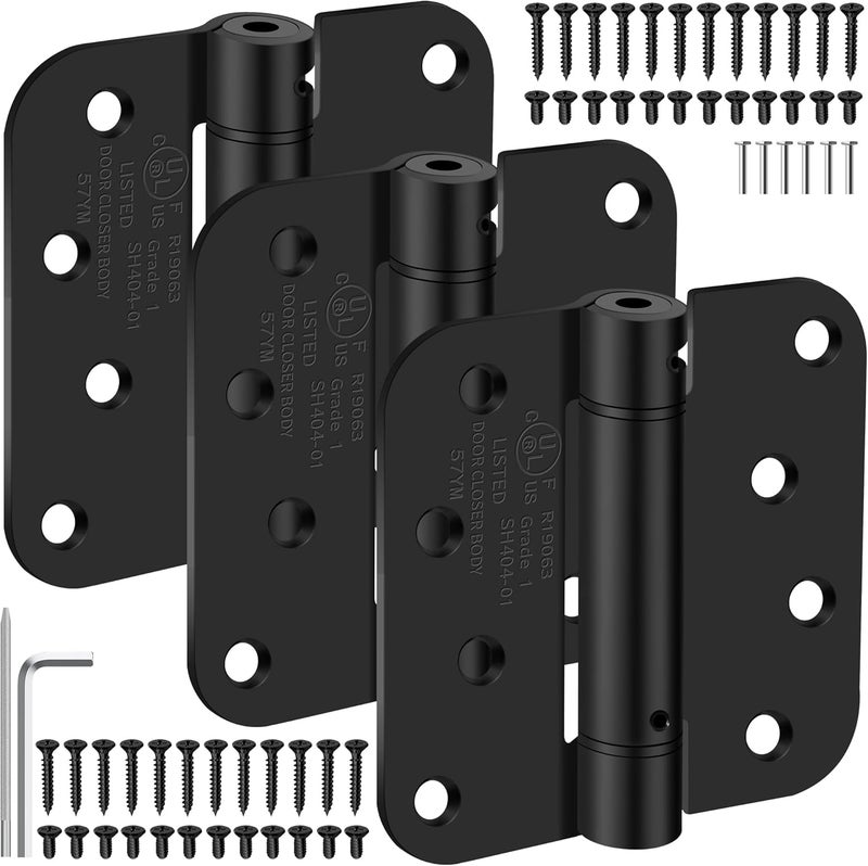 IOQ 4 Inch Self Closing Door Hinges, 5/8" Radius Corners Spring Loaded Hinges for Exterior, Garage, Front and Back Door, UL Listed, for Left and Right Hand Door, Matte Black, 3 Pack - Image 1